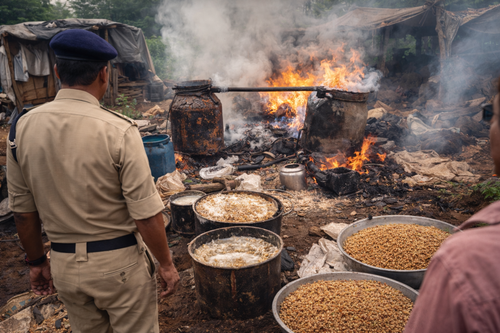 Satna News: सतना में कच्ची शराब फैक्ट्री ध्वस्त, 5 क्विंटल महुआ लाहन नष्ट